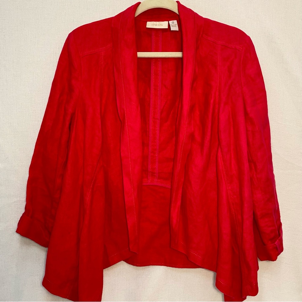 CHICOS Bright Pink Linen Open Front Jacket Blazer Size 0/S Cruise Resort Wedding